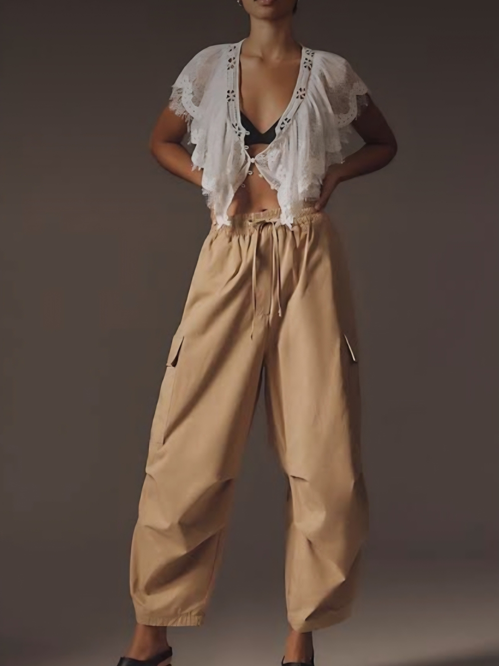 Anthropologie Oversized Utility Cargo Pants Size L Tan Khaki Balloon Baggy